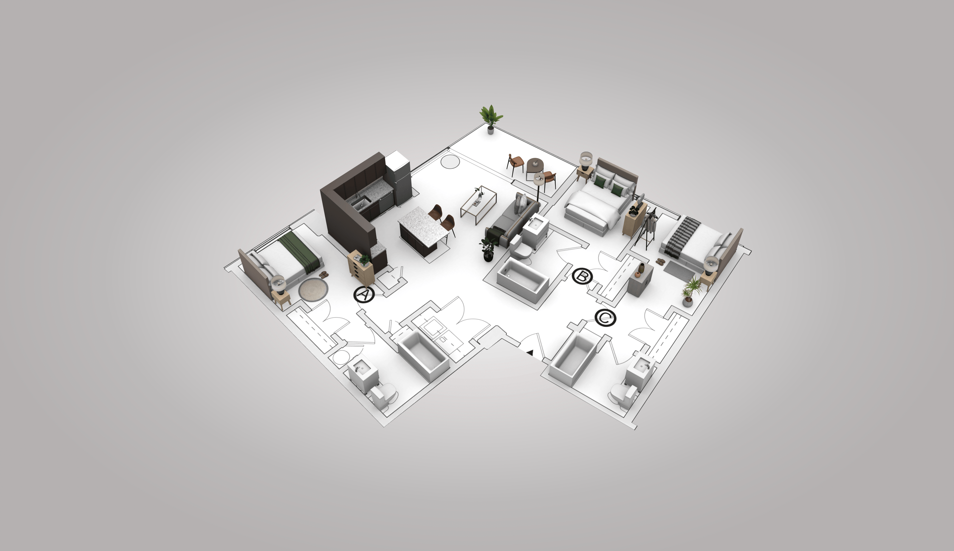 A 3D floor plan of a house with a kitchen, living room, and bathrooms.