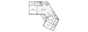 A black and white image of a floor plan for a house with four bedrooms, a living/dining area, a kitchen, a bath, a walk-in closet, and a balcony.