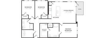 A floor plan of a house with two bedrooms, a living area, a kitchen, and a primary bedroom.