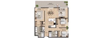 A floor plan of a house with a living room, two bedrooms, a kitchen, a dining area, a bathroom, and a primary bedroom.