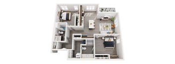 A top-down view of a small apartment layout with a living room, kitchen, and bedrooms.