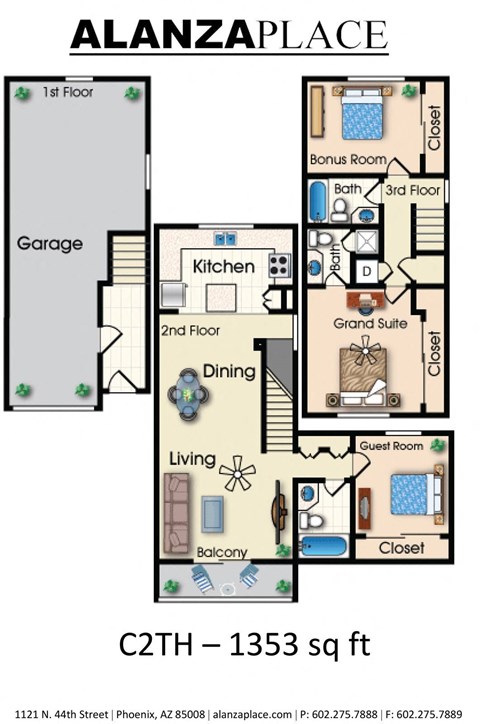 Three bedroom three bathroom 1,353 Sq.Ft. Floor plan at Alanza Place, Phoenix, Arizona