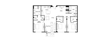 A floor plan of an apartment with a kitchen, dining room, three bedrooms, a bathroom, and a balcony.