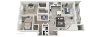 A 3D floor plan of a house layout.