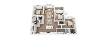 A floor plan of a house with three bedrooms, two bathrooms, and a living room.