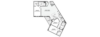 A black and white image of a house floor plan with three bedrooms, a living/dining area, a kitchen, a balcony, and a walk-in closet.