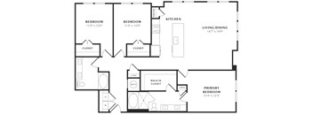 A black and white image of a floor plan for a house with two bedrooms, a living/dining area, a kitchen, a primary bedroom, a walk-in closet, and a laundry area.
