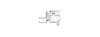 A floor plan of a house with a garage, kitchen, and two bedrooms.