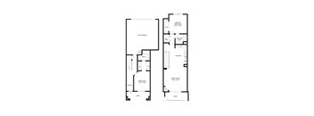 A floor plan of a house with a master bedroom, a great room, a deck, a patio, and a garage.