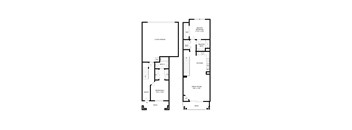 A floor plan of a house with two master suites, a garage, and a great room.