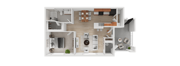 A top-down view of a modern apartment layout with a kitchen, living room, and bathroom.