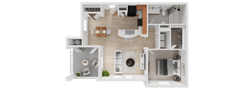 A top-down view of a modern apartment layout.