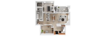 A top-down view of a house layout with a kitchen, living room, and two bedrooms.