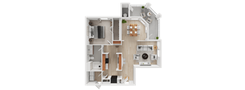 A top-down view of a house layout with a kitchen, living room, and two bedrooms.