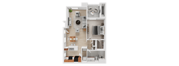 A top-down view of a small apartment with a kitchen, living room, and bedroom.