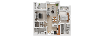 A top-down view of a modern apartment layout.
