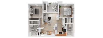 A detailed 3D floor plan of a modern apartment layout.