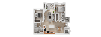 A 3D floor plan of a house showing a kitchen, living room, dining area, and bedrooms.