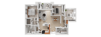 A detailed 3D floor plan of a modern apartment layout.