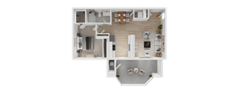 A top-down view of a modern apartment layout.