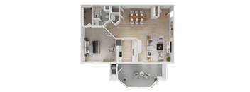 A top-down view of a house layout with a living room, kitchen, and two bedrooms.
