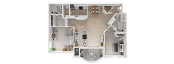 A detailed 3D floor plan of a modern apartment layout.