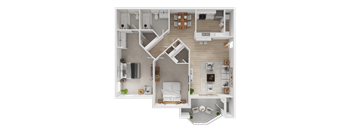 A detailed 3D floor plan of a modern apartment.