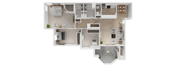 A top-down view of a house layout with a kitchen, living room, and bedrooms.