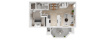 A top-down view of a modern apartment layout with a kitchen, living room, and bedrooms.