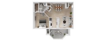 A top-down view of an apartment with a kitchen, living room, bedroom, and bathroom.