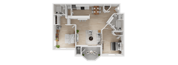 A detailed 3D floor plan of a modern apartment.