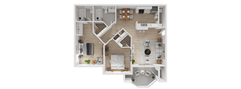 A 3D floor plan of an apartment with a kitchen, living room, bedroom, and bathroom.