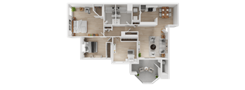 A top-down view of a house layout with a kitchen, living room, and bedrooms.