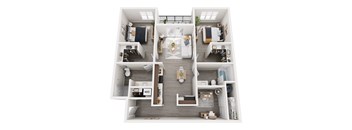A top down view of a small apartment with a kitchen, living room, and two bedrooms.