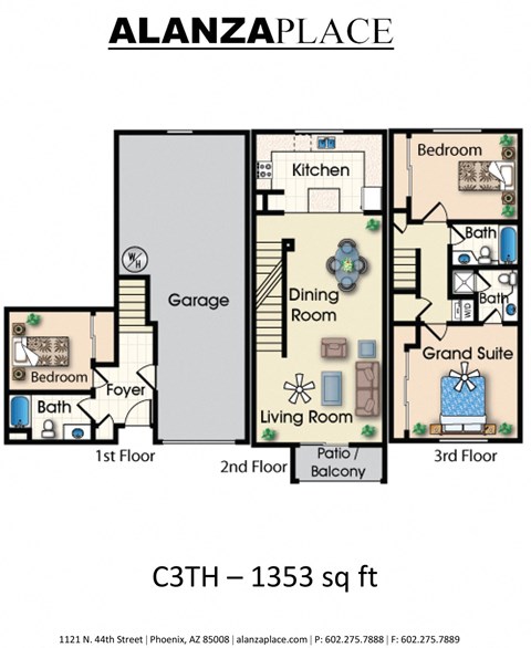 Three bedroom three bathroom A 1,353 Sq.Ft. Floor plan at Alanza Place, Phoenix
