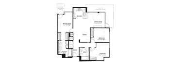 A floor plan of a house with two master suites, one with an attached garage.