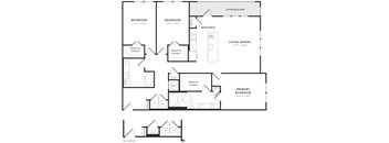 A black and white image of a floor plan for a house with two bedrooms, a living/dining area, a kitchen, a primary bedroom, and a patio/balcony.