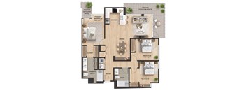 A floor plan of a house with a living room, dining room, kitchen, and multiple bedrooms.