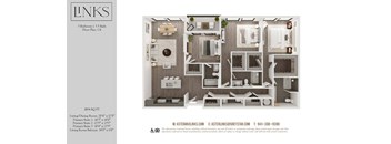 A floor plan of a 3 bedroom, 3.5 bath apartment with a living/dining room, kitchen, and two bathrooms.