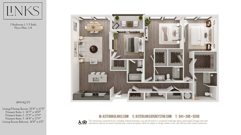 A floor plan of a 3 bedroom, 3.5 bath apartment with a living/dining room, kitchen, and two bathrooms.