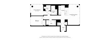 A black and white floor plan of a home with a primary bedroom, a living/dining room, a kitchen, a bath, and an entry.