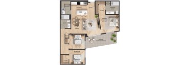 A floor plan of a house with two bedrooms, a living room, a dining room, a kitchen, a laundry room, a bathroom, a primary bedroom, a primary bath, a reference room, and a private out