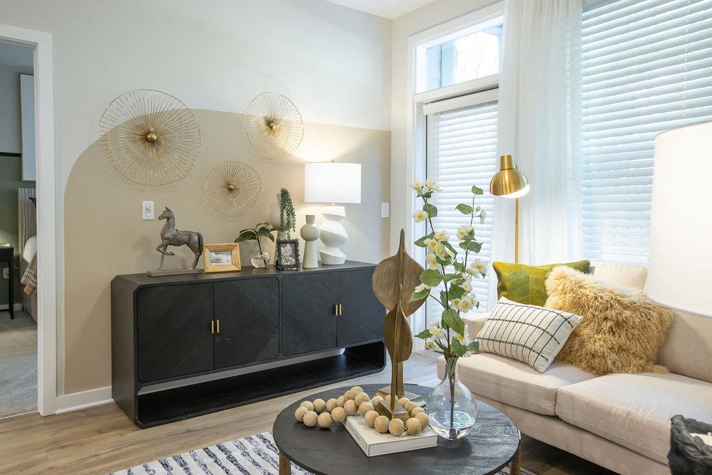 a living room with a couch and a table