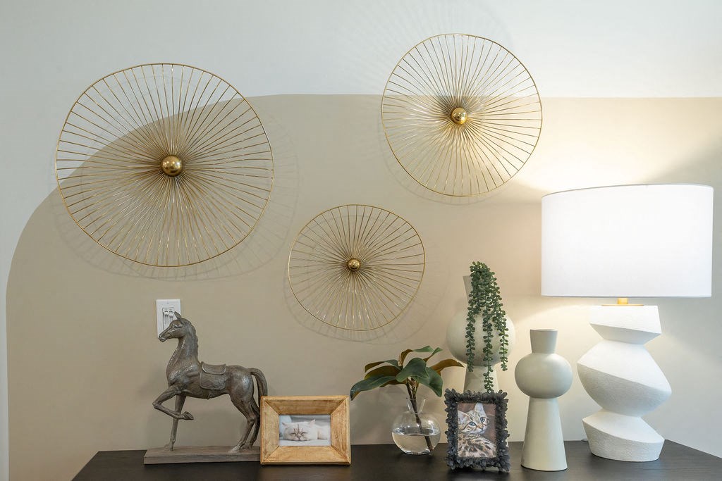 a living room with various objects on a table
