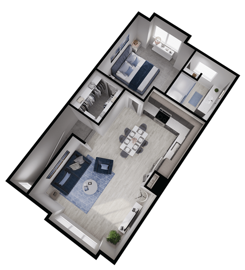 a 3d floor plan of a small apartment