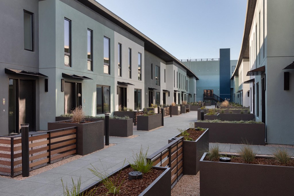 a row of townhomes with plants in front of them