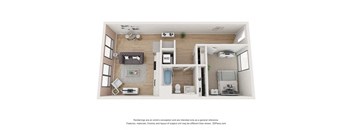 a 3d floor plan of a bedroom with a bathroom and a living room