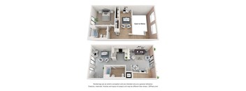 a stylized floor plan with a bedroom and a living room