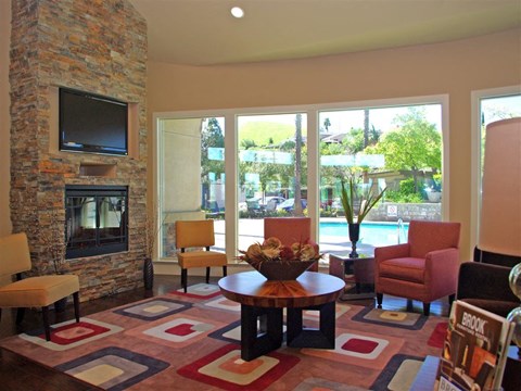a living room with a fireplace and a large rug