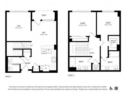 two floor plans of a house with two bedrooms and two bathrooms